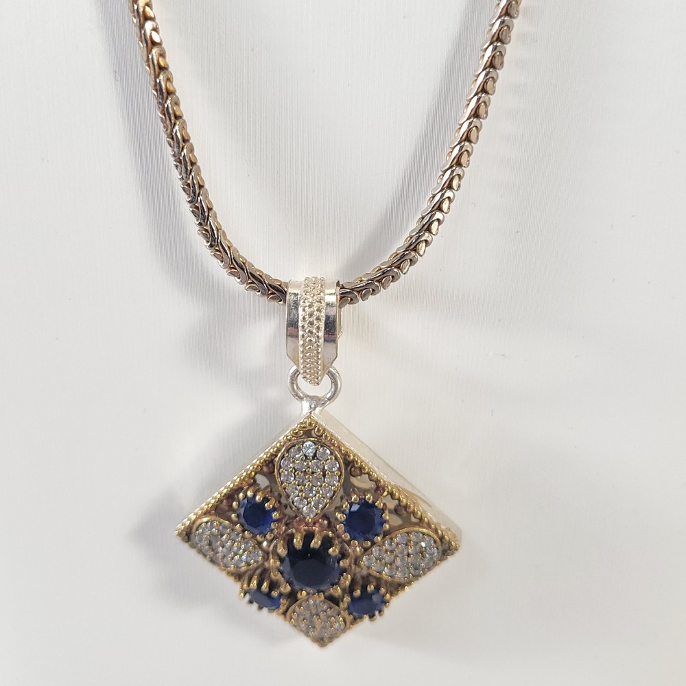 Blue & Clear Stone Pendant Necklace Silver Gold Tone Chunky Wheat Chain